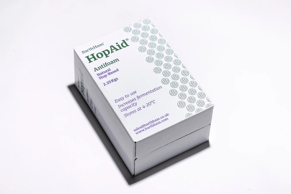 Photo of a box of HopAid Anti Foam product on a white background.