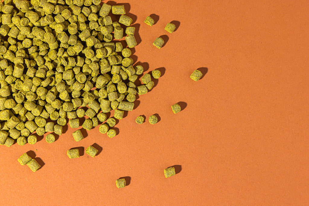 LUPOMAX hop pellets in a pile on an orange background